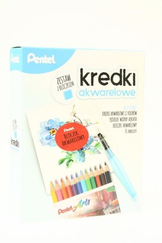 KREDKI AKWARELOWE 12 KOLORÓW PENTEL CB9-12 W ZESTAWIE Z PĘDZELKIEM WODNYM ORAZ BLOCZKIEM PENTEL