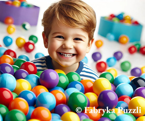 Child playing with colorful pool balls on white background.