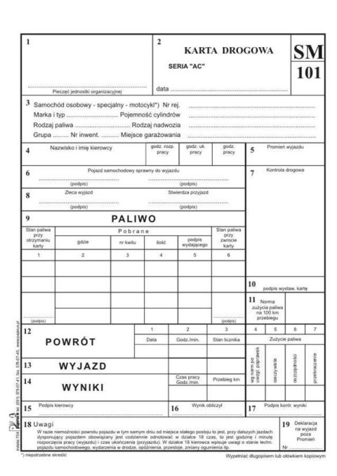 KARTA DROGOWA Z NUMERATOREM SM 101 A5 PAPIRUS
