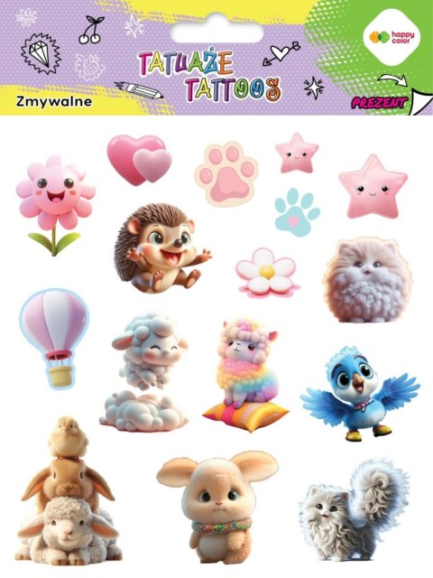 TATUAŻE ZMYWALNE ANIMALS FLUFFY, ROZM. 150X200 MM, HAPPY COLOR B/C GDD