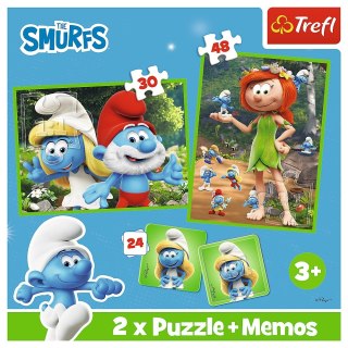 PUZZLE 2W1 Z MEMOS WESOŁE ZABAWY SMERFÓW TREFL 93656 TR TREFL