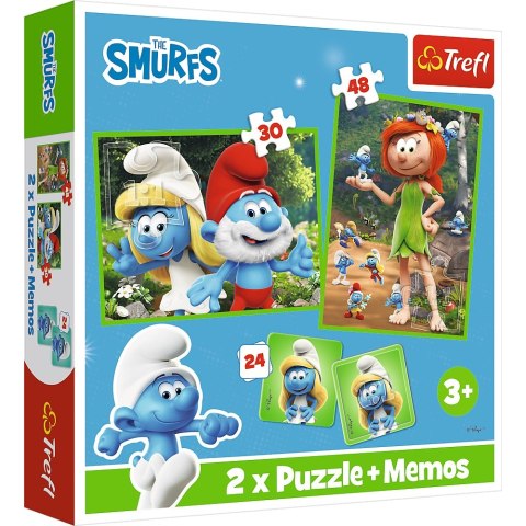 PUZZLE 2W1 Z MEMOS WESOŁE ZABAWY SMERFÓW TREFL 93656 TR TREFL