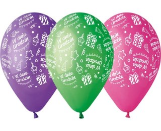 PREMIUM BALLOONS "ON BIRTHDAY", COLORFUL, 12" / 5 PCS. GODAN