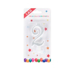 BIRTHDAY CANDLES NUMBER 2 GLITTER SILVER B/C 1420022 L&H L&H